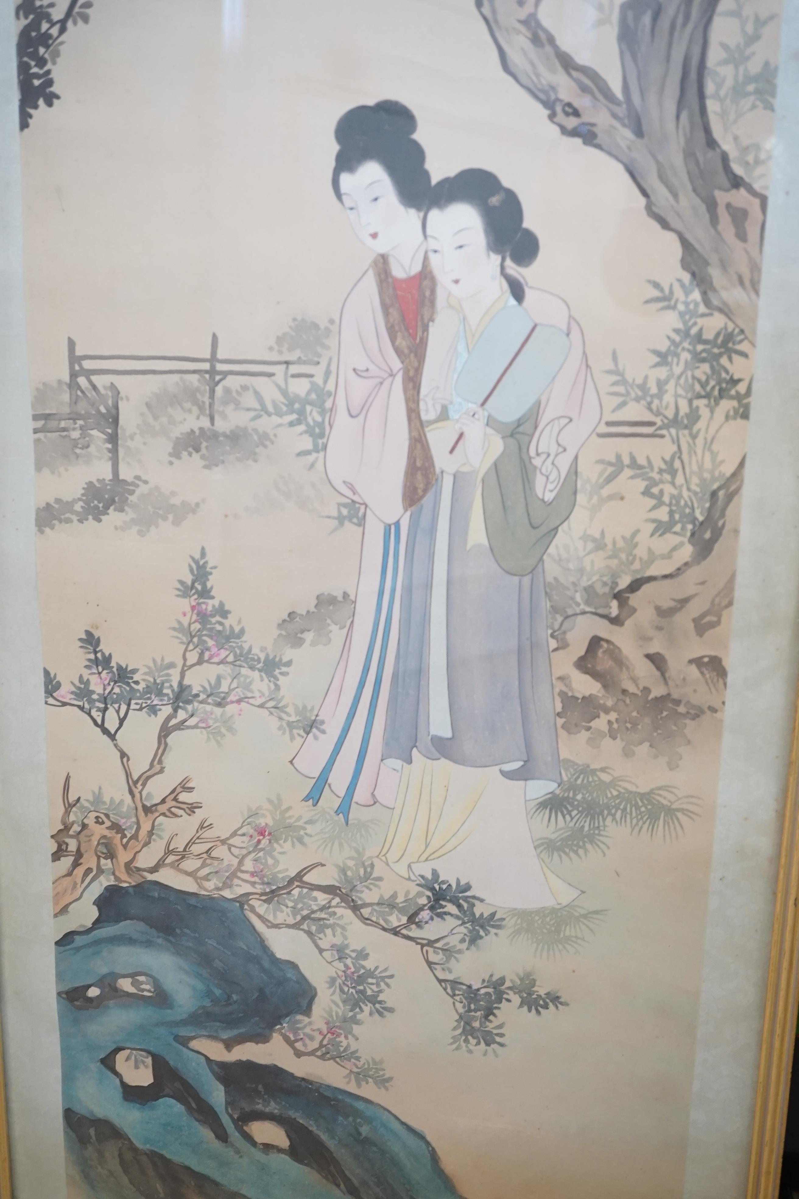 Japanese School, watercolour on silk, Women in a garden, 104 x 28cm